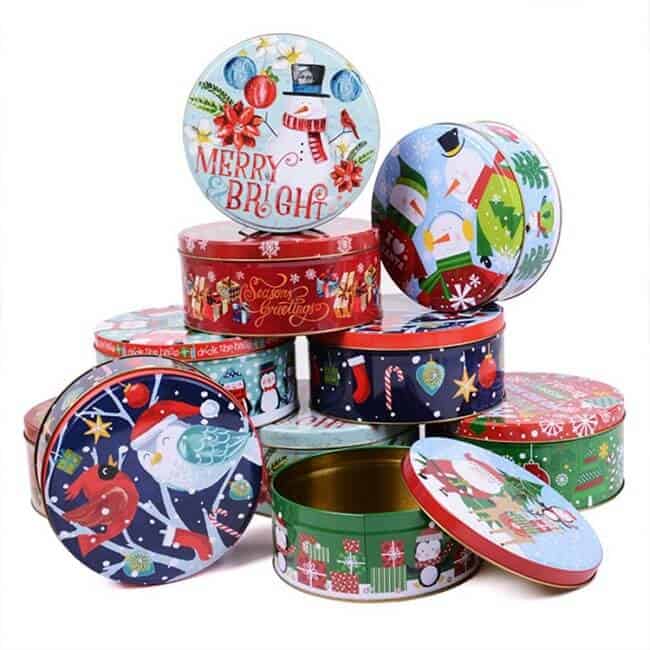 Colorful christmas chocolate biscuit tins