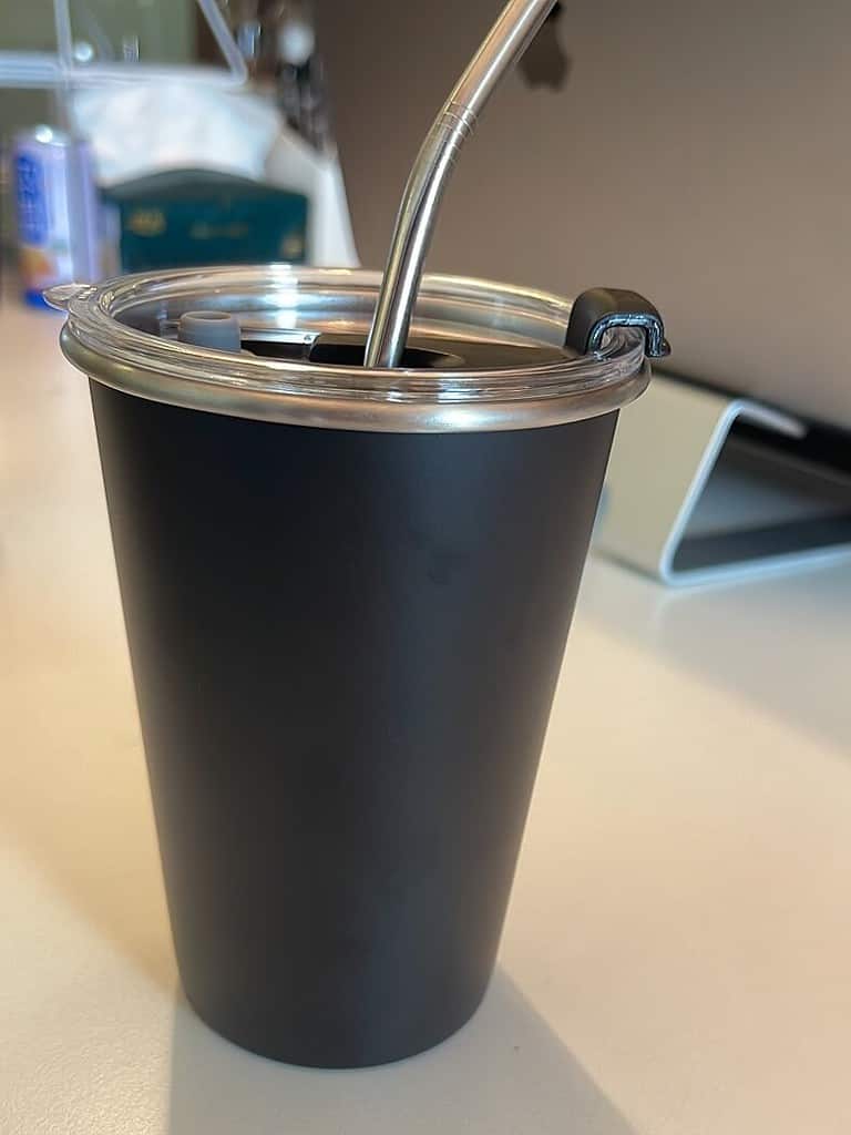 black stainless steel cup with straw